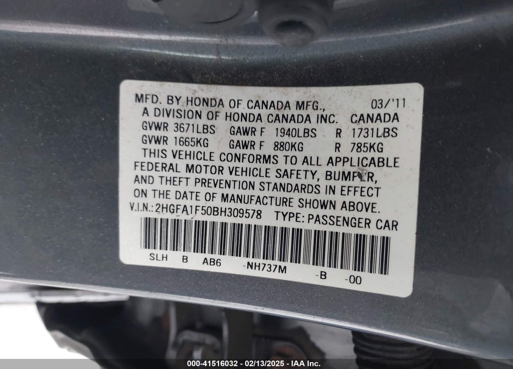 2011 HONDA CIVIC LX VIN: 2HGFA1F50BH309578