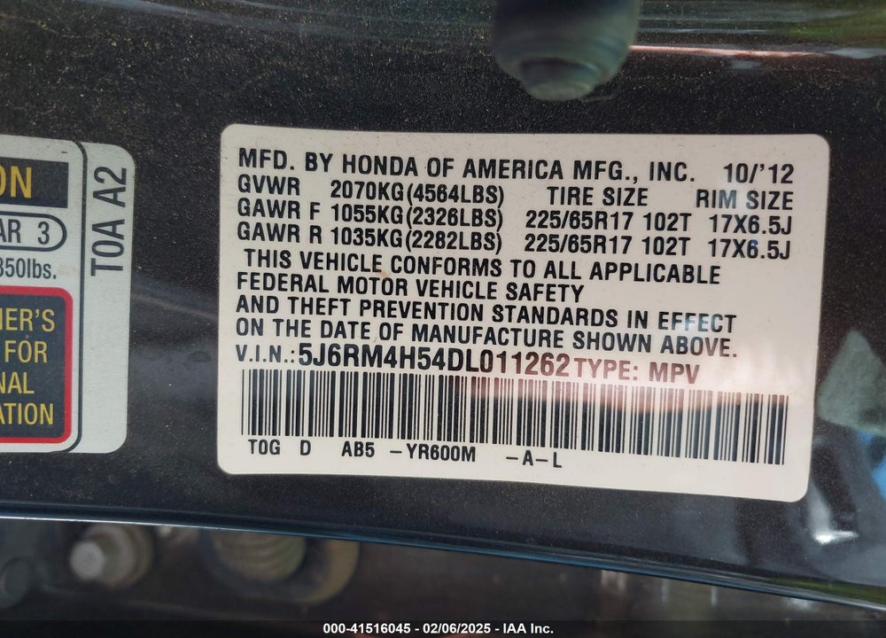 2013 HONDA CR-V EX VIN: 5J6RM4H54DL011262