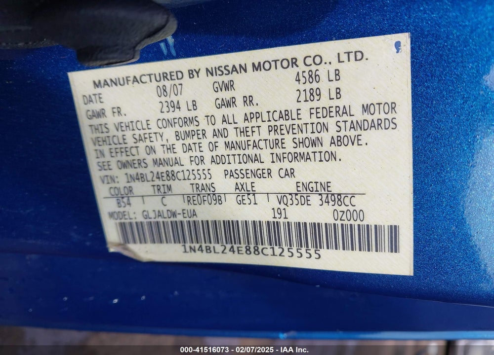 2008 NISSAN ALTIMA 3.5 SE VIN: 1N4BL24E88C125555