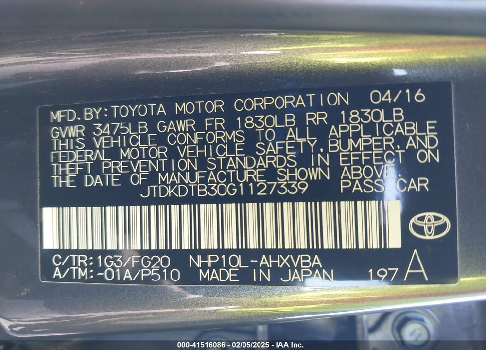 2016 TOYOTA PRIUS C VIN: JTDKDTB30G1127339