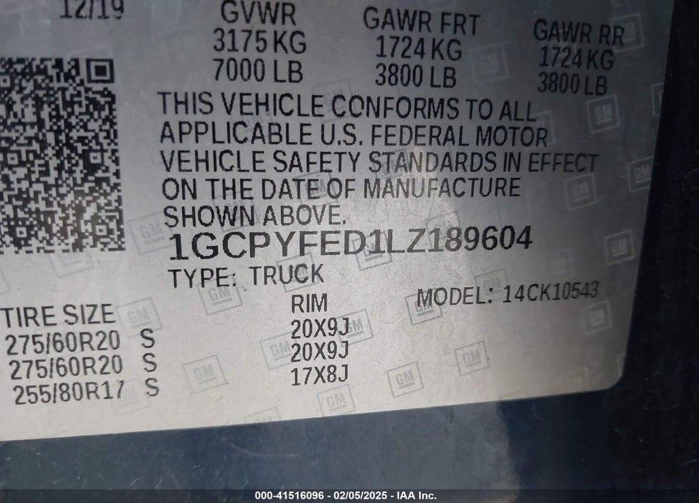 2020 CHEVROLET SILVERADO 1500 VIN: 1GCPYFED1LZ189604