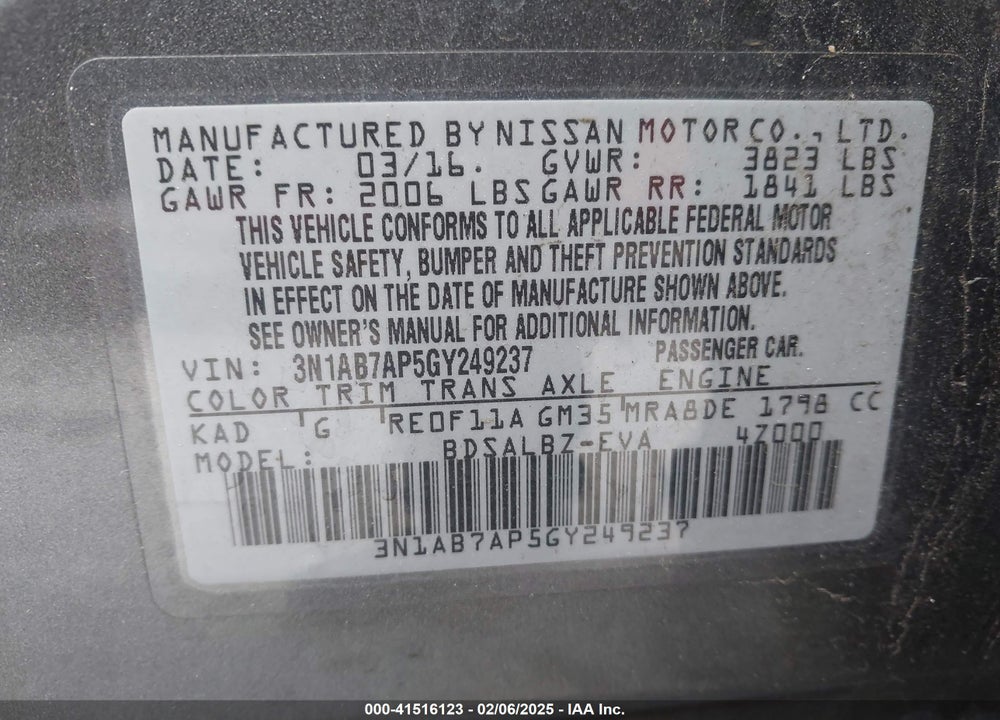 2016 NISSAN SENTRA VIN: 3N1AB7AP5GY249237