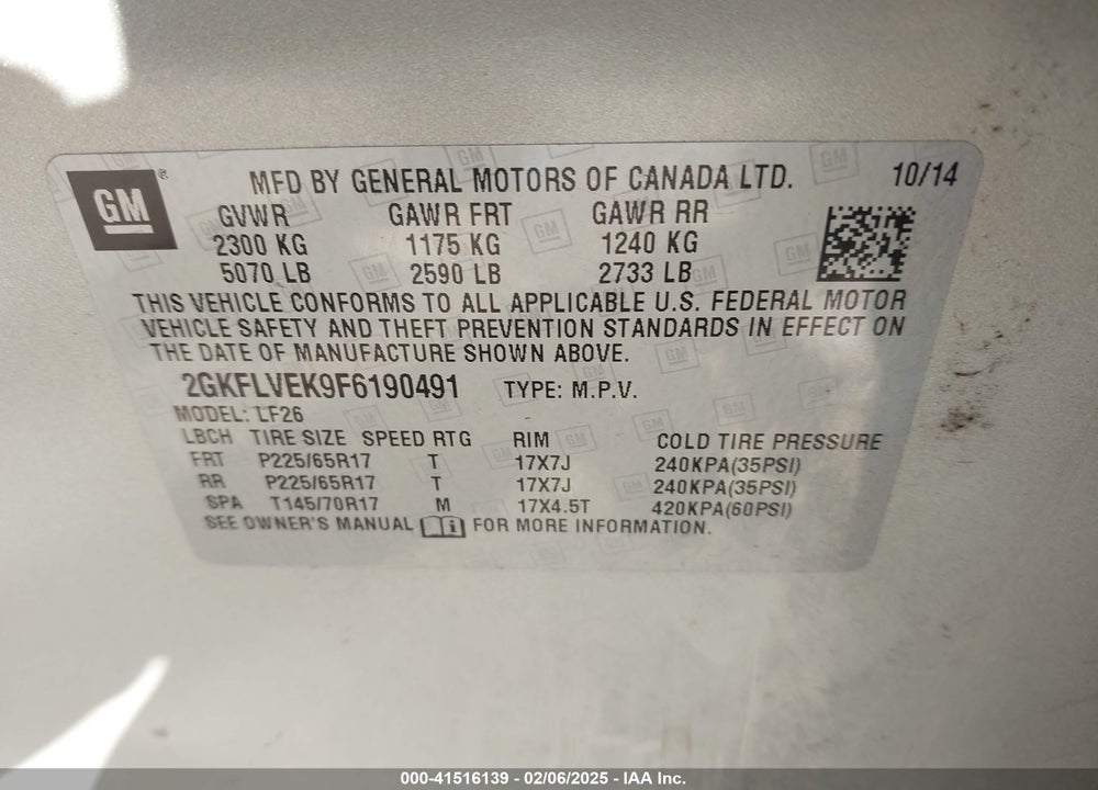 2015 GMC TERRAIN SLE-1 VIN: 2GKFLVEK9F6190491