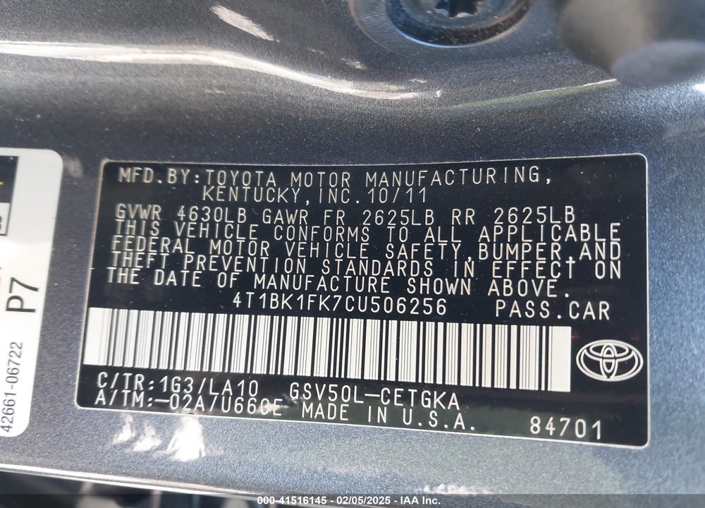 2012 TOYOTA CAMRY VIN: 4T1BK1FK7CU506256