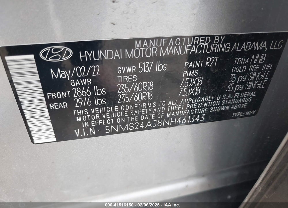 2022 HYUNDAI SANTA FE VIN: 5NMS24AJ8NH461343