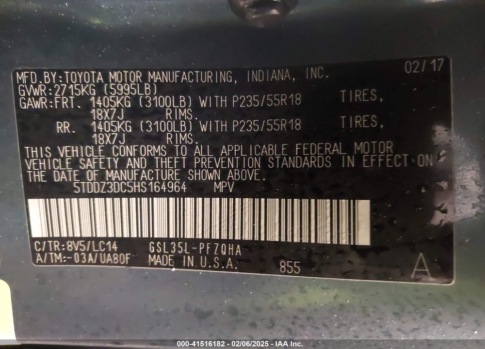 2017 TOYOTA SIENNA XLE LIMITED VIN: 5TDDZ3DC5HS164964