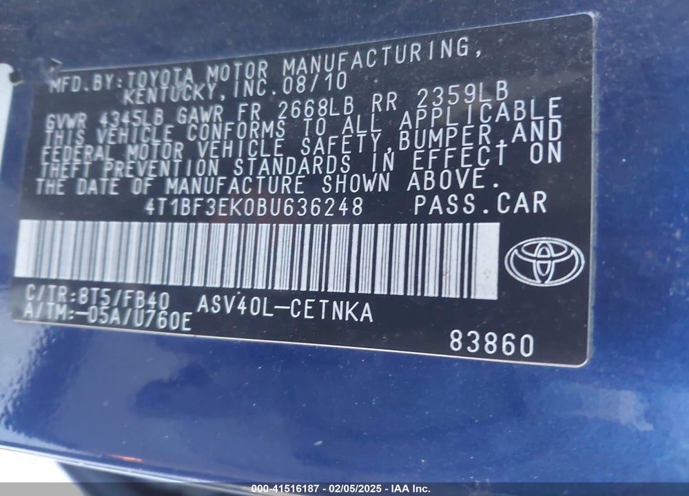 2011 TOYOTA CAMRY LE VIN: 4T1BF3EK0BU636248