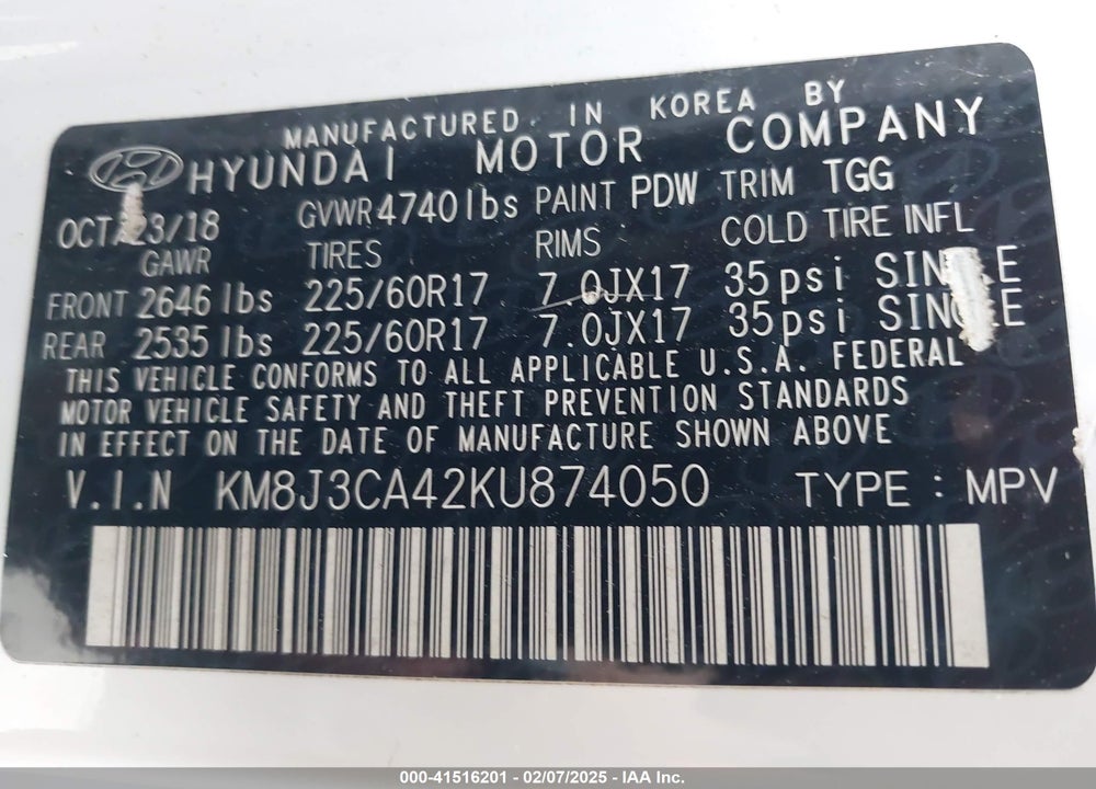 2019 HYUNDAI TUCSON VALUE VIN: KM8J3CA42KU874050