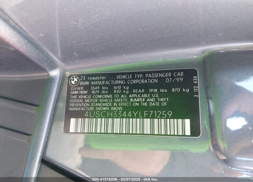 2000 BMW Z3 2.8 VIN: 4USCH3344YLF71259
