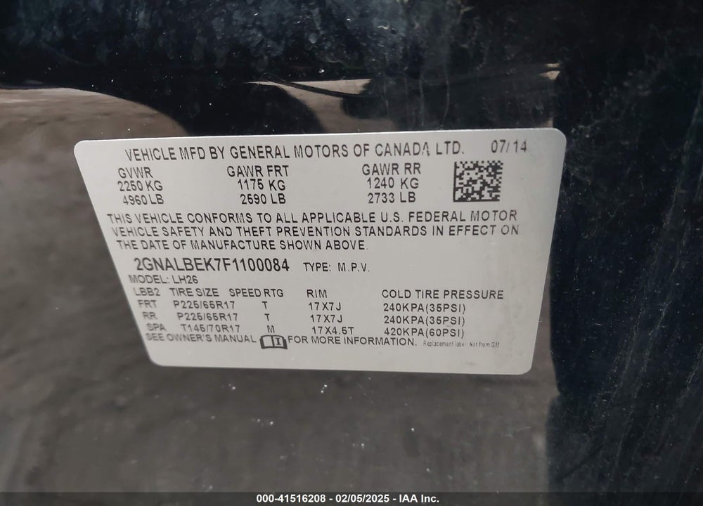 2015 CHEVROLET EQUINOX 1LT VIN: 2GNALBEK7F1100084