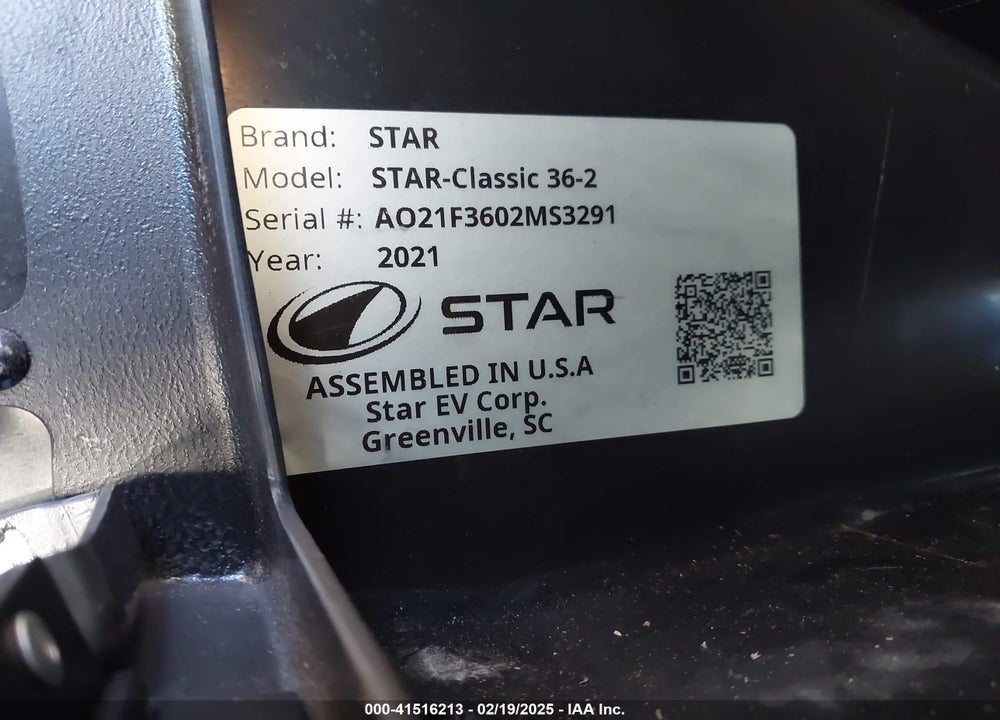 2021 STAR EV 36 VIN: A021F3602MS3291