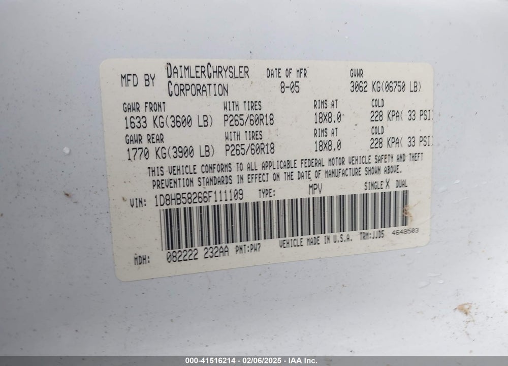 2006 DODGE DURANGO VIN: 1D8HB58266F111109