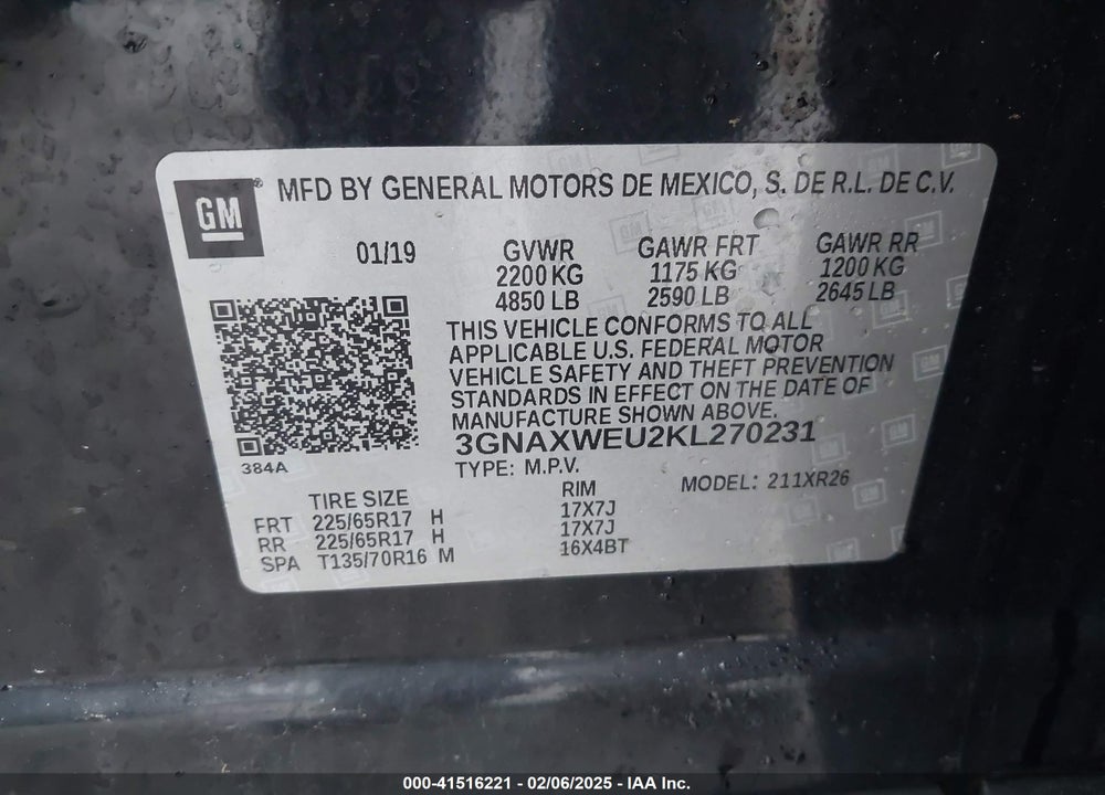 2019 CHEVROLET EQUINOX LT VIN: 3GNAXWEU2KL270231