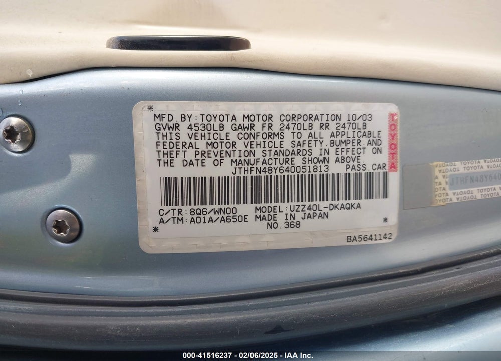 2004 LEXUS SC 430 VIN: JTHFN48Y640051813