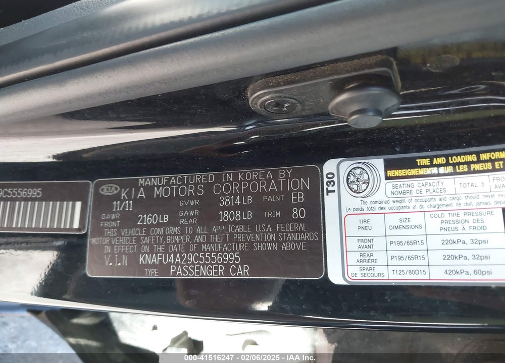 2012 KIA FORTE VIN: KNAFU4A29C5556995