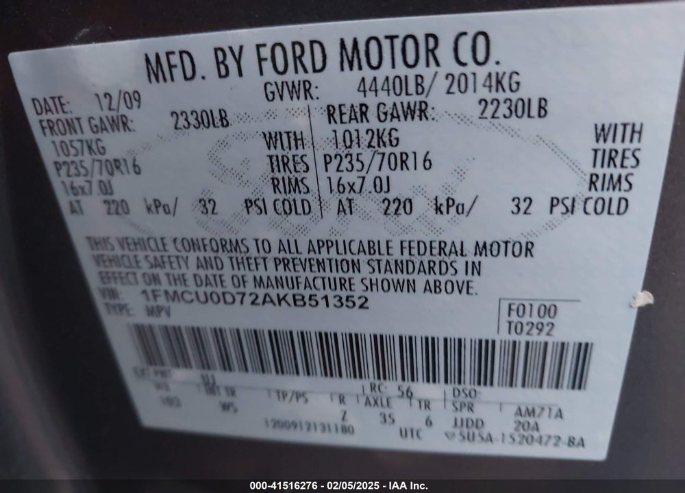 2010 FORD ESCAPE XLT VIN: 1FMCU0D72AKB51352