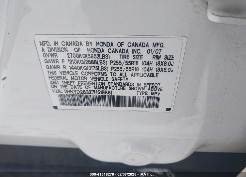2007 ACURA MDX VIN: 2HNYD28327H519861