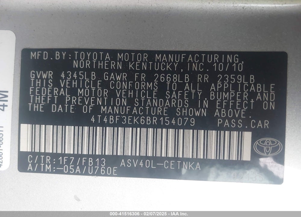 2011 TOYOTA CAMRY VIN: 4T4BF3EK6BR154079