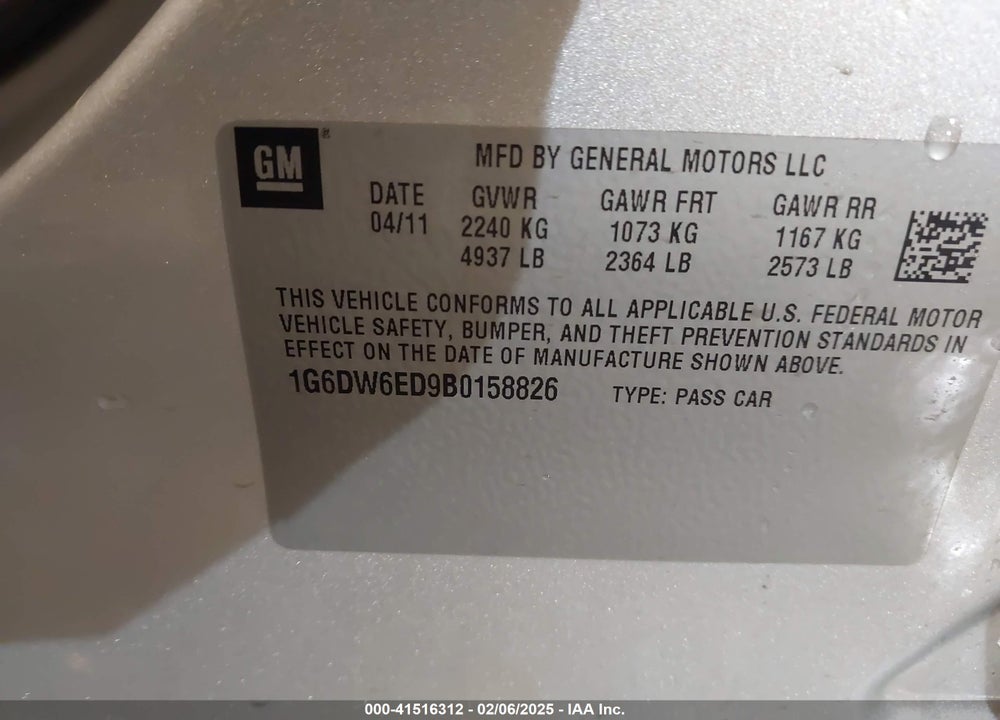2011 CADILLAC STS VIN: 1G6DW6ED9B0158826