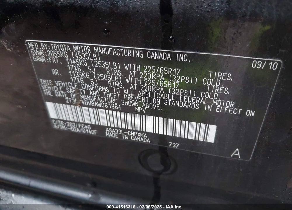 2010 TOYOTA RAV4 VIN: 2T3BF4DV8AW081864