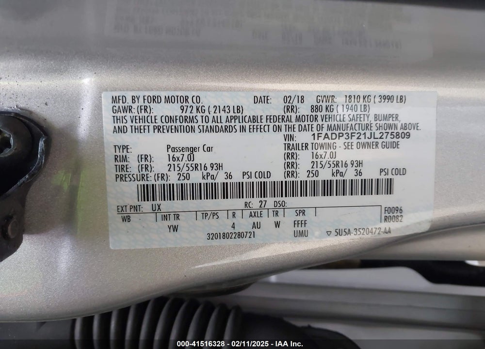2018 FORD FOCUS VIN: 1FADP3F21JL275809