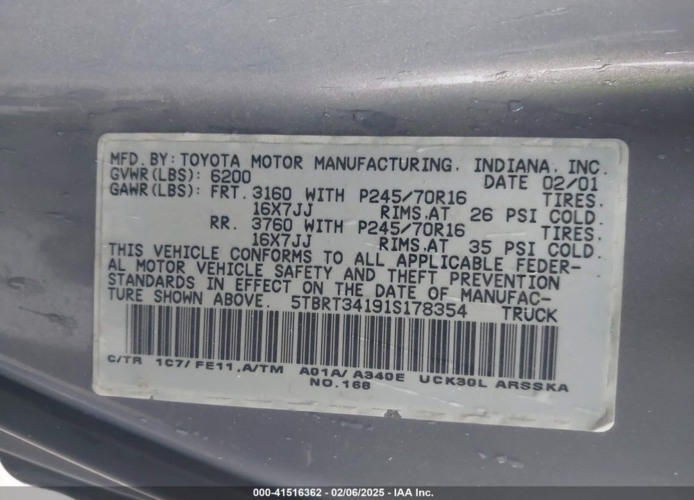 2001 TOYOTA TUNDRA SR5 V8 VIN: 5TBRT34191S178354
