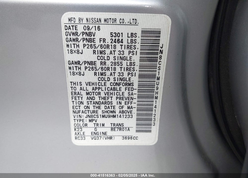2017 INFINITI QX70 VIN: JN8CS1MU9HM141233