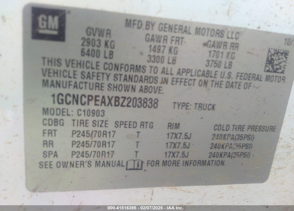 2011 CHEVROLET SILVERADO 1500 VIN: 1GCNCPEAXBZ203838