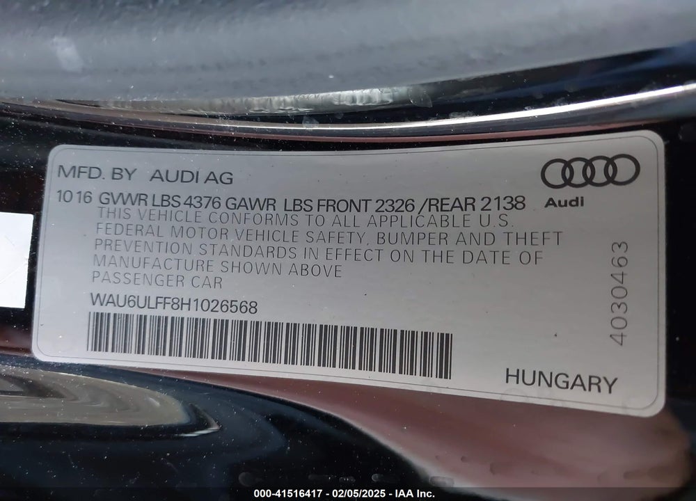 2017 AUDI A3 VIN: WAU6ULFF8H1026568