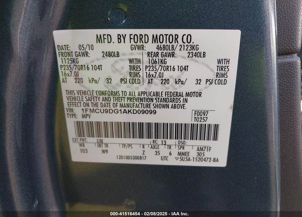 2010 FORD ESCAPE XLT VIN: 1FMCU9DG1AKD09099