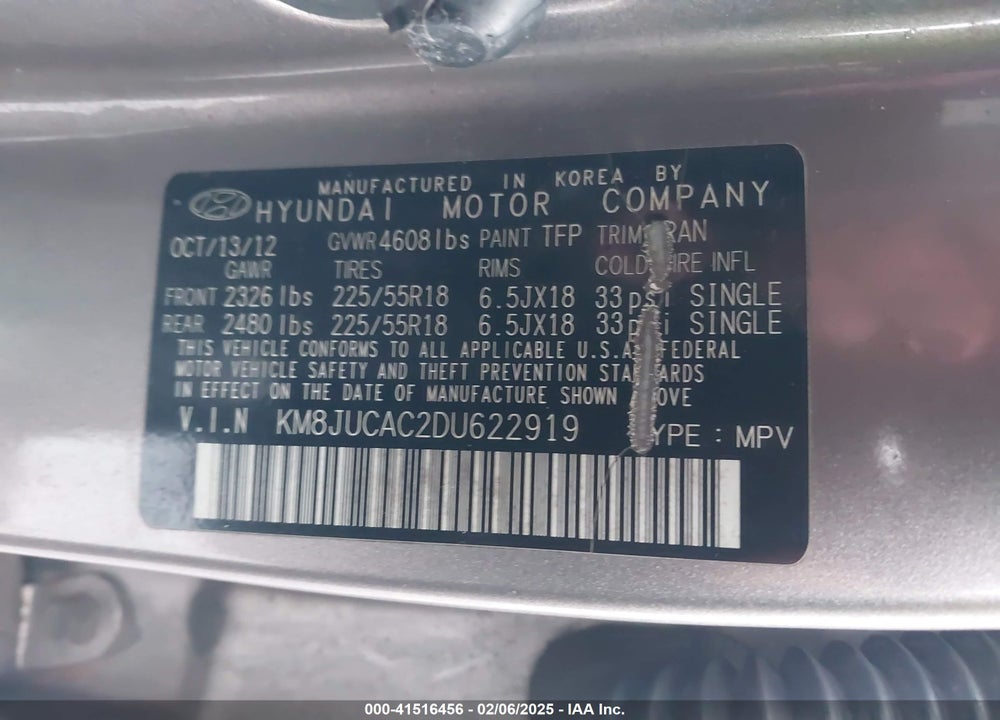 2013 HYUNDAI TUCSON LIMITED VIN: KM8JUCAC2DU622919