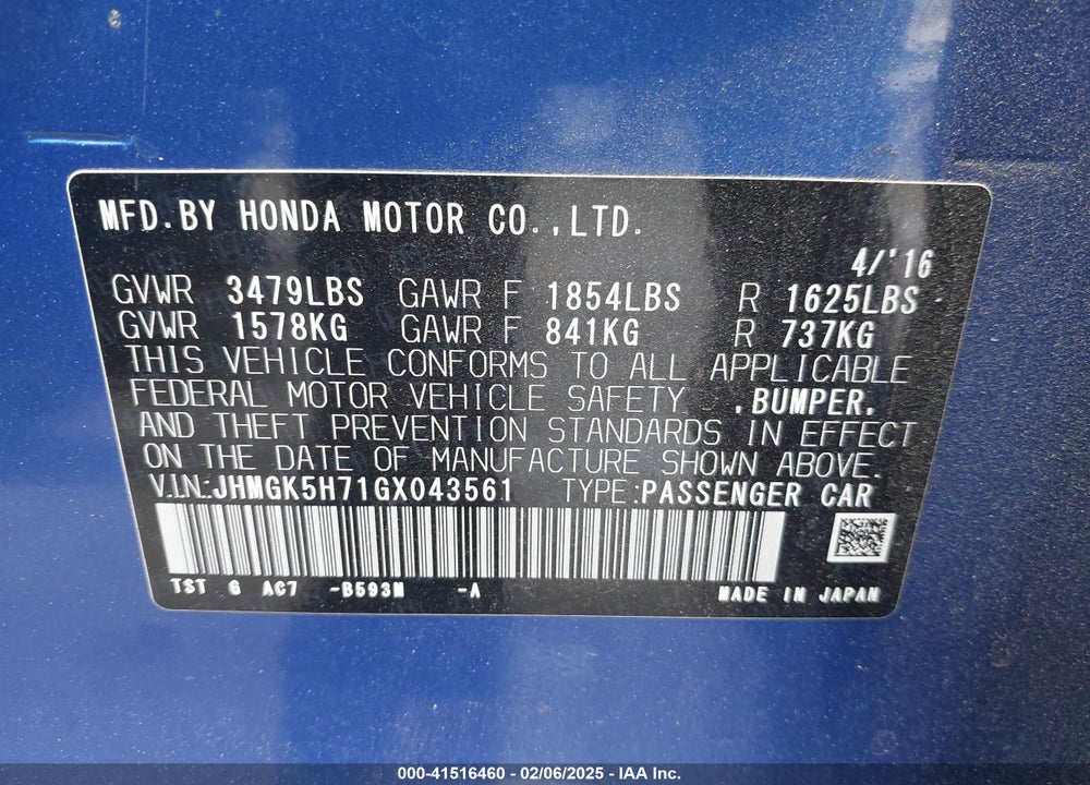 2016 HONDA FIT VIN: JHMGK5H71GX043561