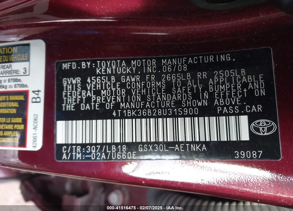 2008 TOYOTA AVALON TOURING VIN: 4T1BK36B28U315900