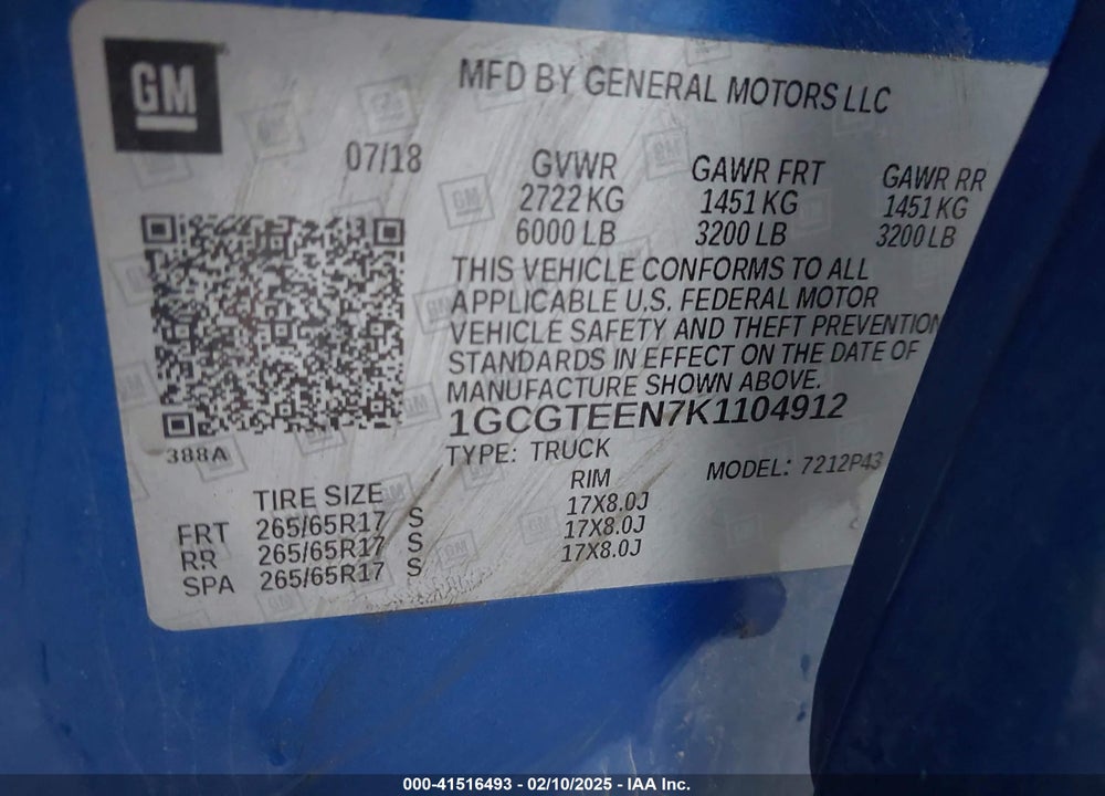 2019 CHEVROLET COLORADO VIN: 1GCGTEEN7K1104912