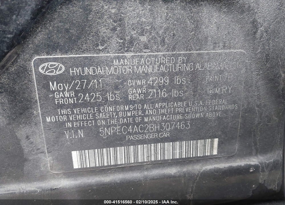 2011 HYUNDAI SONATA VIN: 5NPEC4AC2BH307463