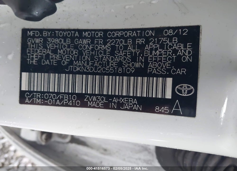 2012 TOYOTA PRIUS VIN: JTDKN3DU2C5518109