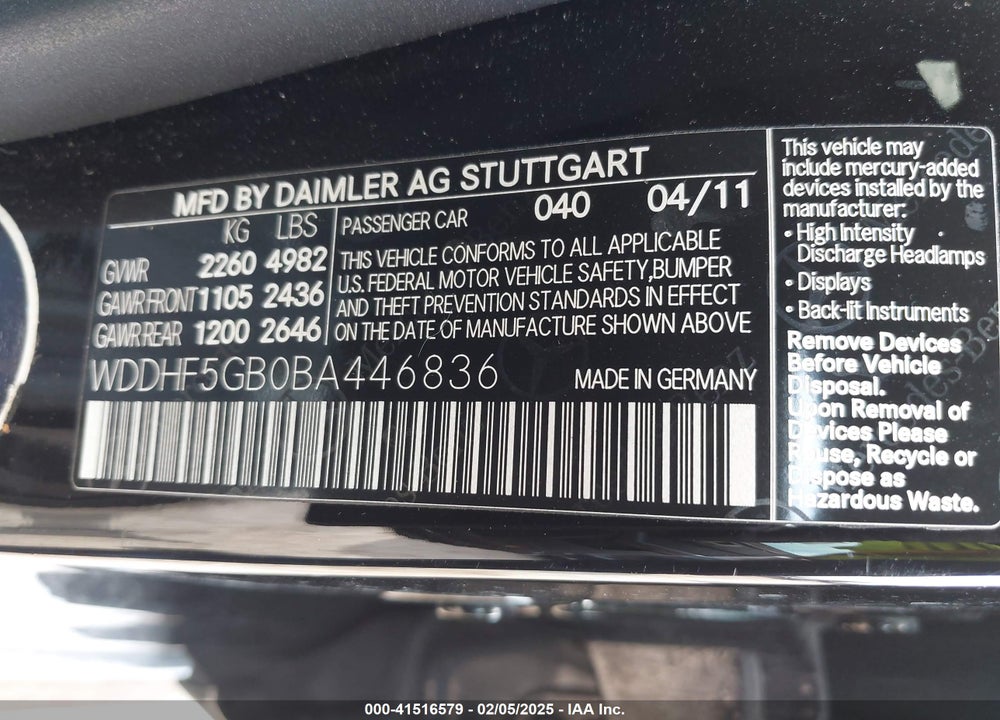 2011 MERCEDES-BENZ E 350 VIN: WDDHF5GB0BA446836