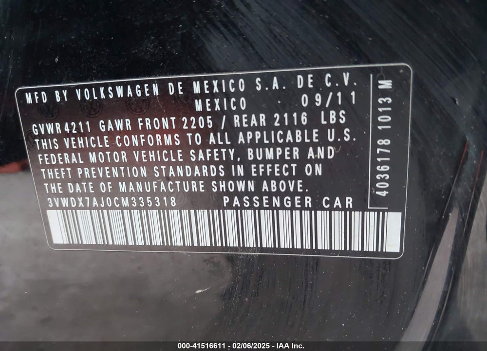 2012 VOLKSWAGEN JETTA 2.5L SE VIN: 3VWDX7AJ0CM335318