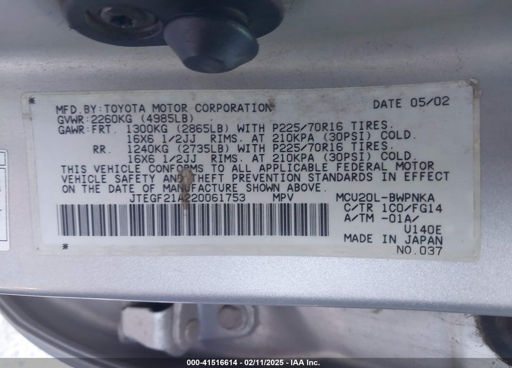 2002 TOYOTA HIGHLANDER V6 VIN: JTEGF21A220061753