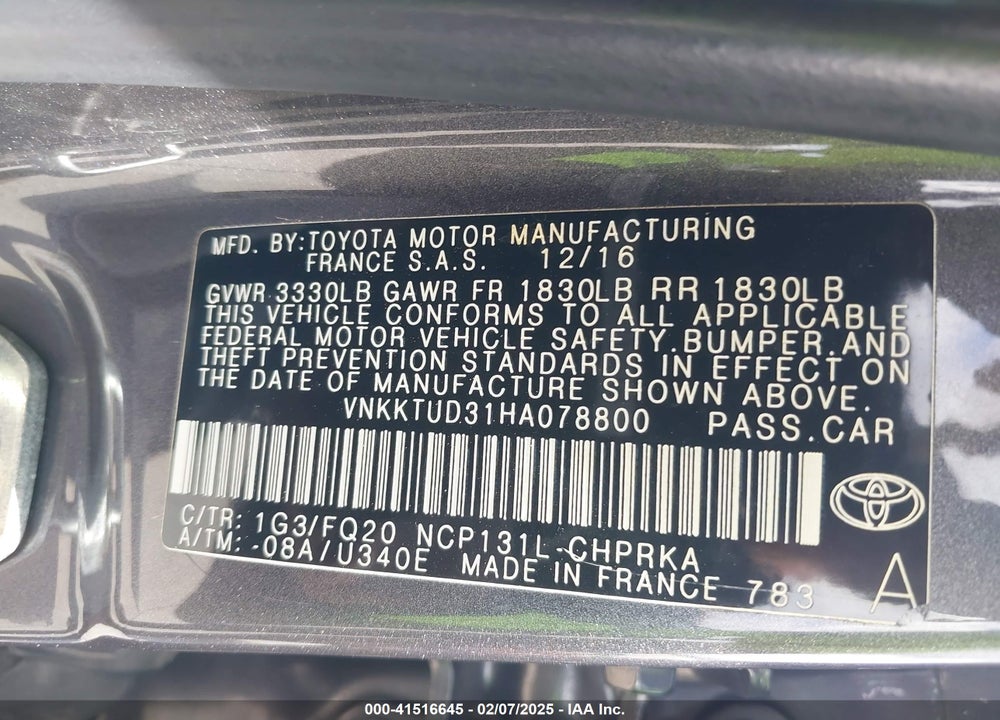 2017 TOYOTA YARIS VIN: VNKKTUD31HA078800