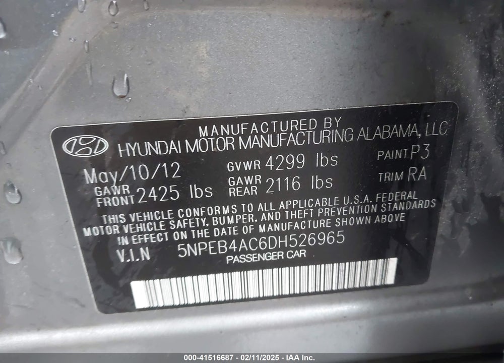 2013 HYUNDAI SONATA VIN: 5NPEB4AC6DH526965