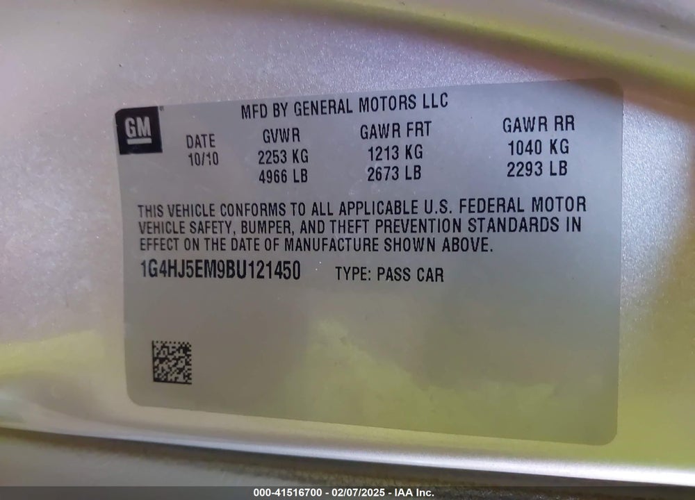 2011 BUICK LUCERNE CXL PREMIUM VIN: 1G4HJ5EM9BU121450