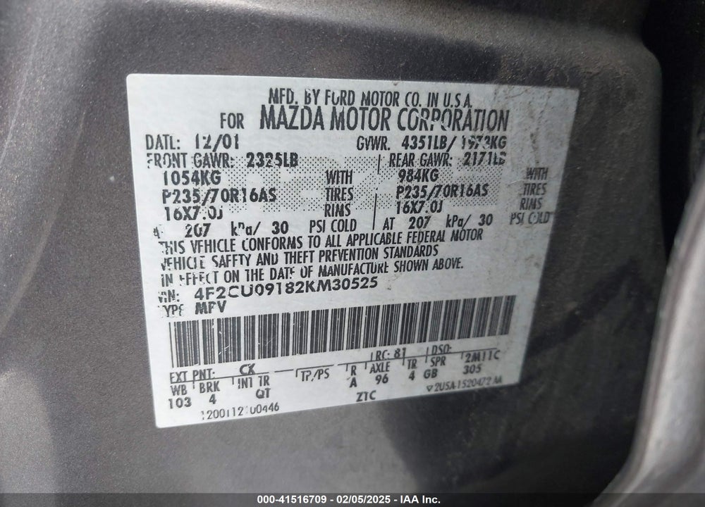 2002 MAZDA TRIBUTE ES V6/LX V6 VIN: 4F2CU09182KM30525
