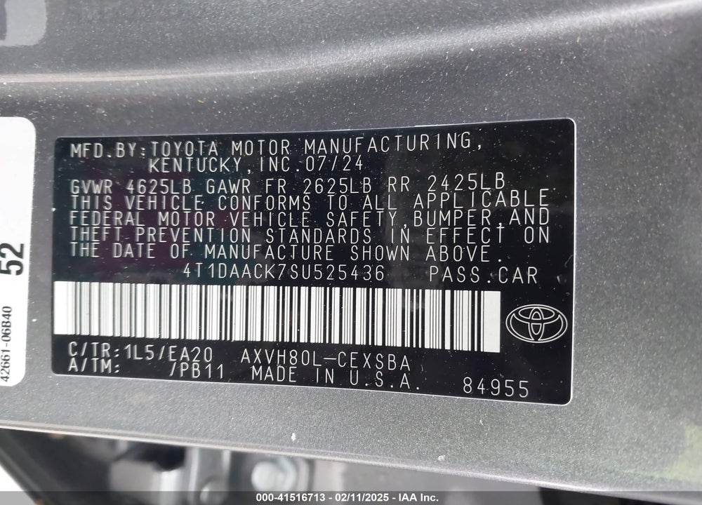 2025 TOYOTA CAMRY VIN: 4T1DAACK7SU525436