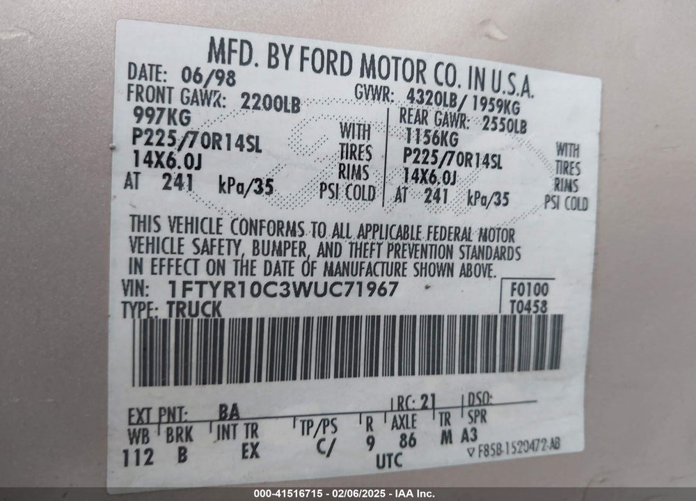 1998 FORD RANGER SPLASH/XL/XLT VIN: 1FTYR10C3WUC71967