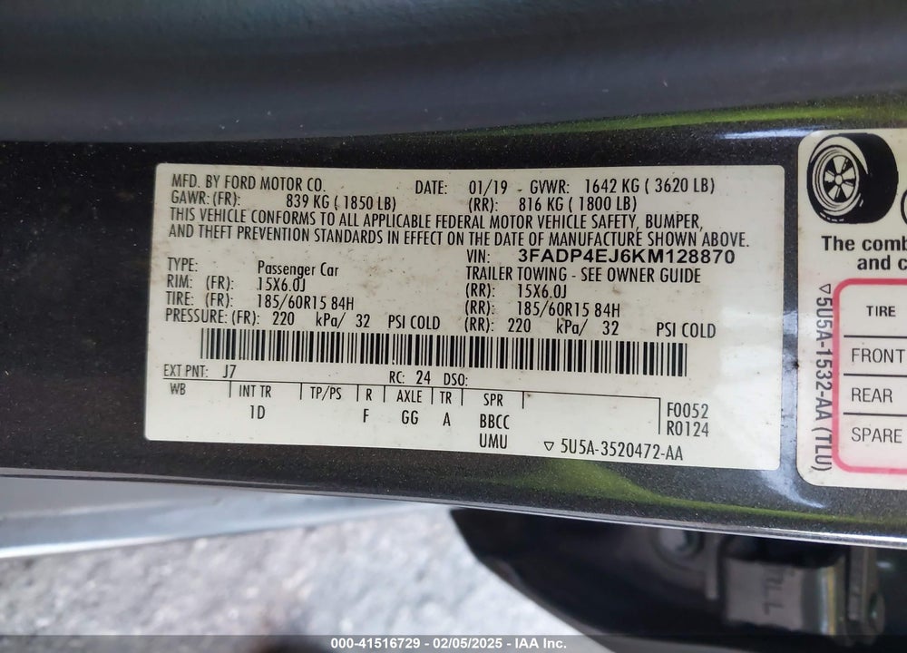 2019 FORD FIESTA SE VIN: 3FADP4EJ6KM128870