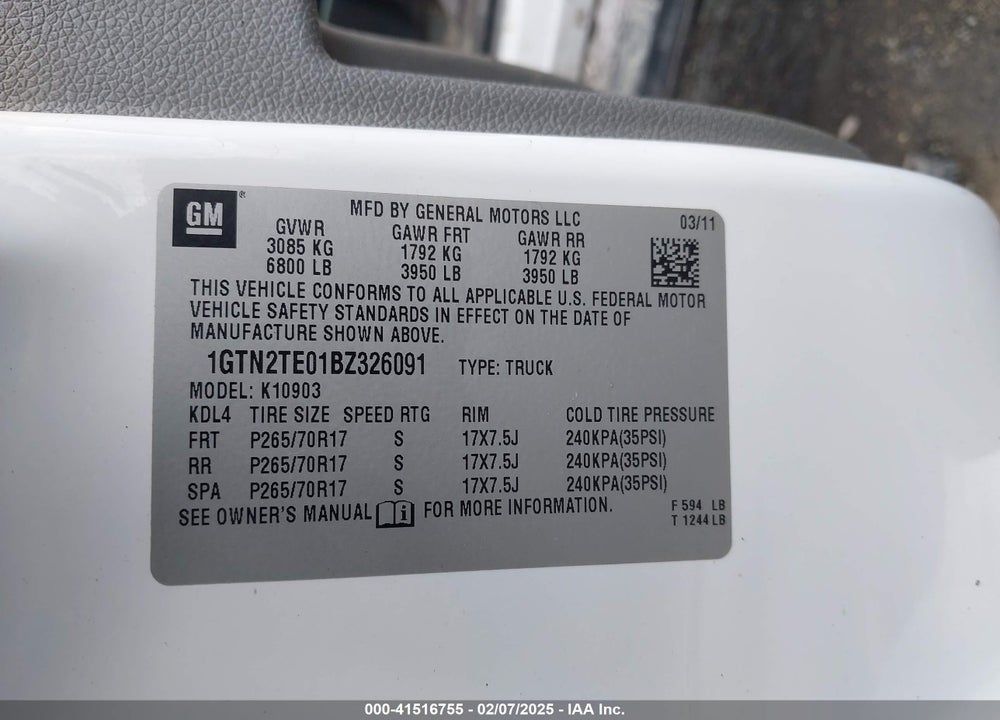 2011 GMC SIERRA VIN: 1GTN2TE01BZ326091