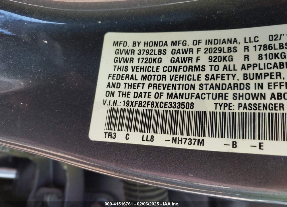 2012 HONDA CIVIC VIN: 19XFB2F8XCE333508