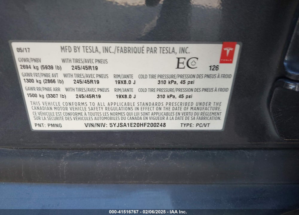 2017 TESLA MODEL S VIN: 5YJSA1E20HF200248