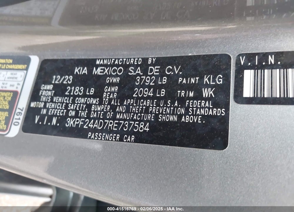 2024 KIA FORTE LXS VIN: 3KPF24AD7RE737584
